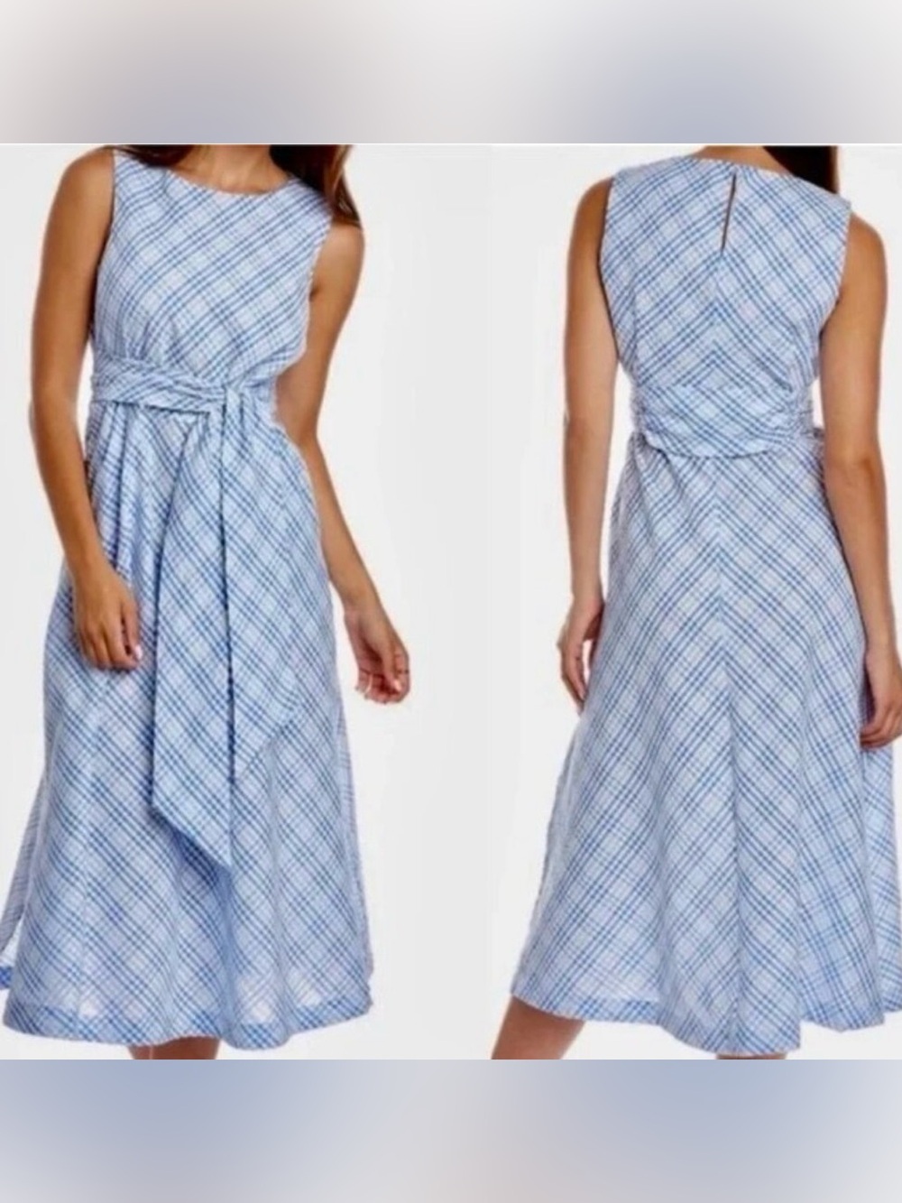 Anne Klein Sleeveless Blue Plaid Midi Dress with Waist Tie